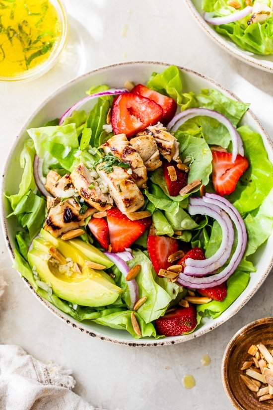 Grilled Rooster, Strawberry, Avocado Salad with Citrus Dressing