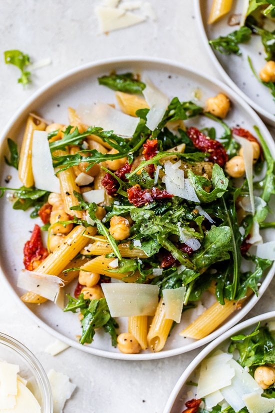 Arugula Pasta Salad with Chickpeas and Sun Dried Tomatoes (no mayo!)