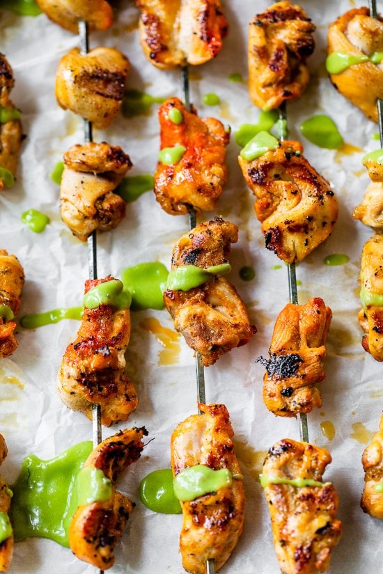 Peruvian-inspired Grilled Chicken Skewers with Avocado Aji Verde Sauce