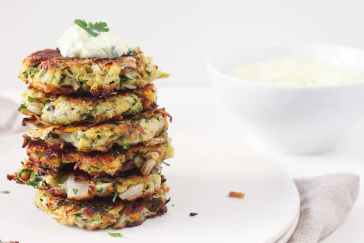 Zucchini Kohlrabi Carrot Fritters with Herb Yogurt Sauce