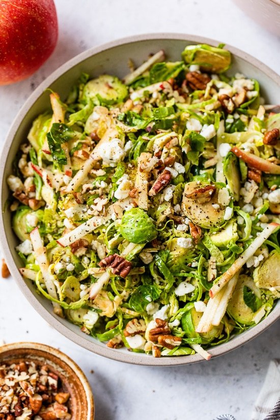 Fall Brussels Sprout Salad with Apples, Pecans, and Blue Cheese