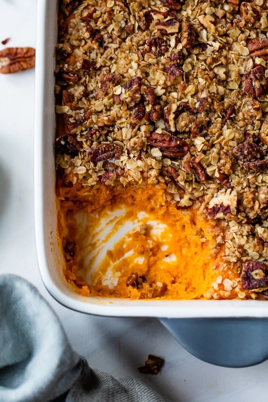 Vanilla Sweet Potato Casserole with Praline Topping