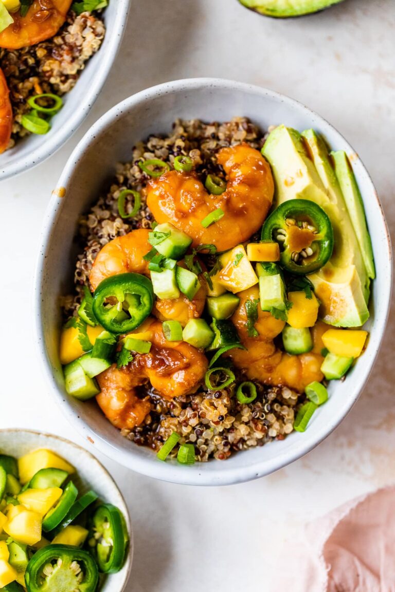 Teriyaki Shrimp Quinoa Bowls with Mango-Cucumber Salsa