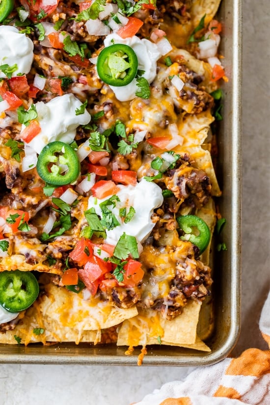 Loaded Nachos with Ground Turkey, Beans and Cheese