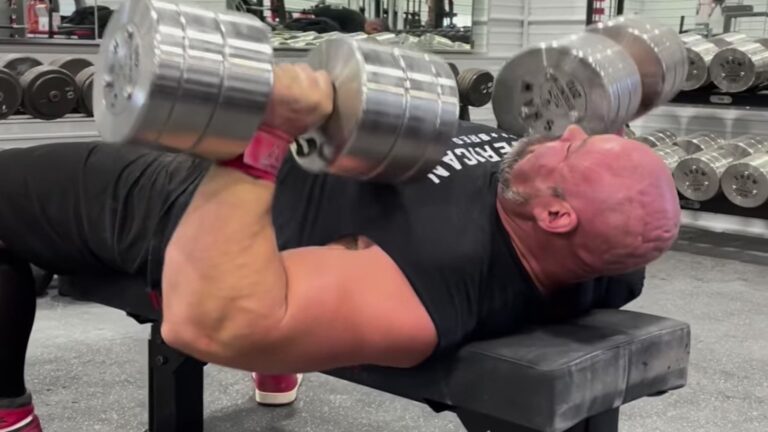 Brian Shaw Benches 91-Kilogram (200-Pound) Dumbbells for five Fast Reps Before His Final Strongman Contest